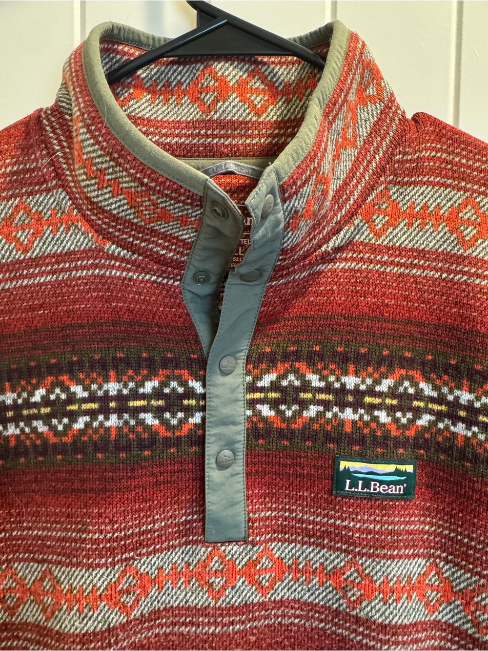 L.L. Bean Men’s Red and Brown Zip-Front Patterned Sweater